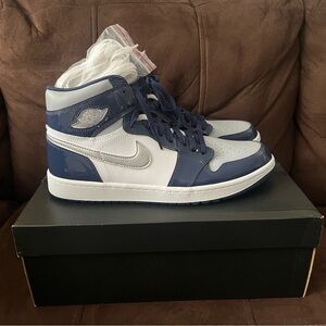 New Nike Air Jordan 1 High G Golf Sneakers - Navy &  White with Gray & Silver